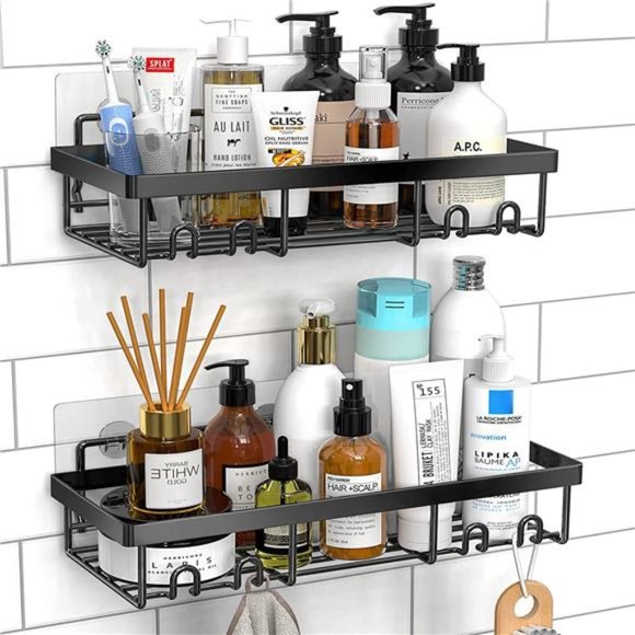 Shower Caddy Shelf Organizer Rack, Self Adhesive Black Bathroom Shelves Basket - Picture 1 of 7